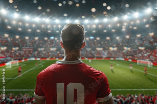 A soccer player stands confidently in front of a grand stadium, ready for the upcoming match