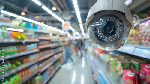 Surveillance CCTV camera installed in the aisle of a supermarket to monitor activities and ensure security and safety photo