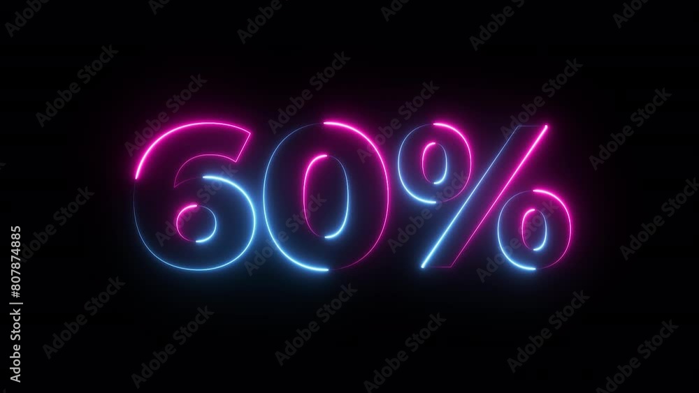 60 percent neon glowing sign on black background loop animation. 4k video text Animated 60 percent neon glowing sign on black background loop animation. 4k video text Animated