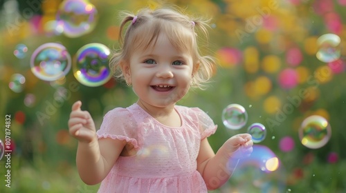 A young girl happily plays in a garden, blowing and chasing soap bubbles