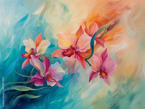 Lively abstract art, dancing lady orchids with a serene feel, oil painting, subdued pastel tones, wide angle photo