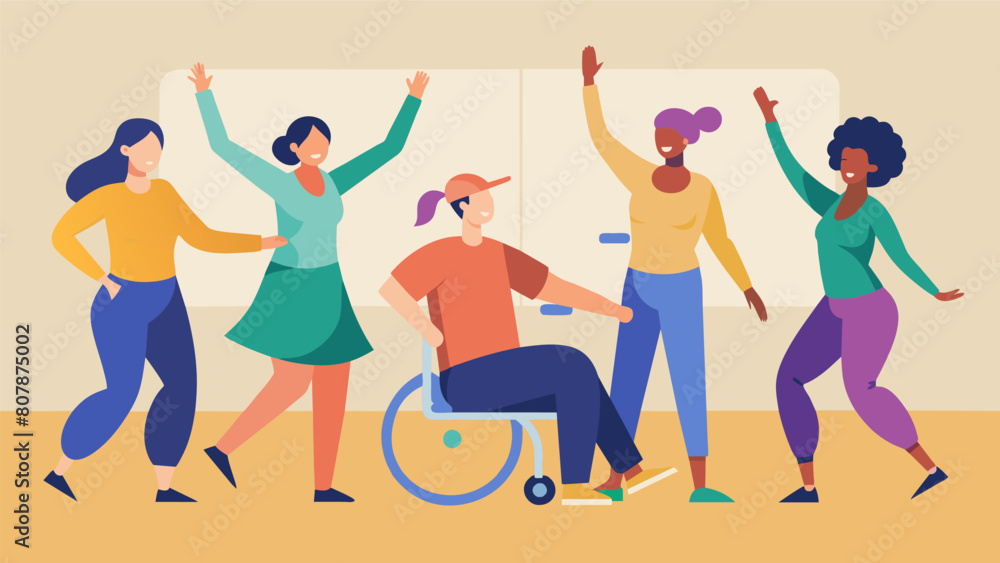 A dance class for individuals with physical disabilities using assistive devices and creative adaptations to make sure everyone can fully engage in. Vector illustration