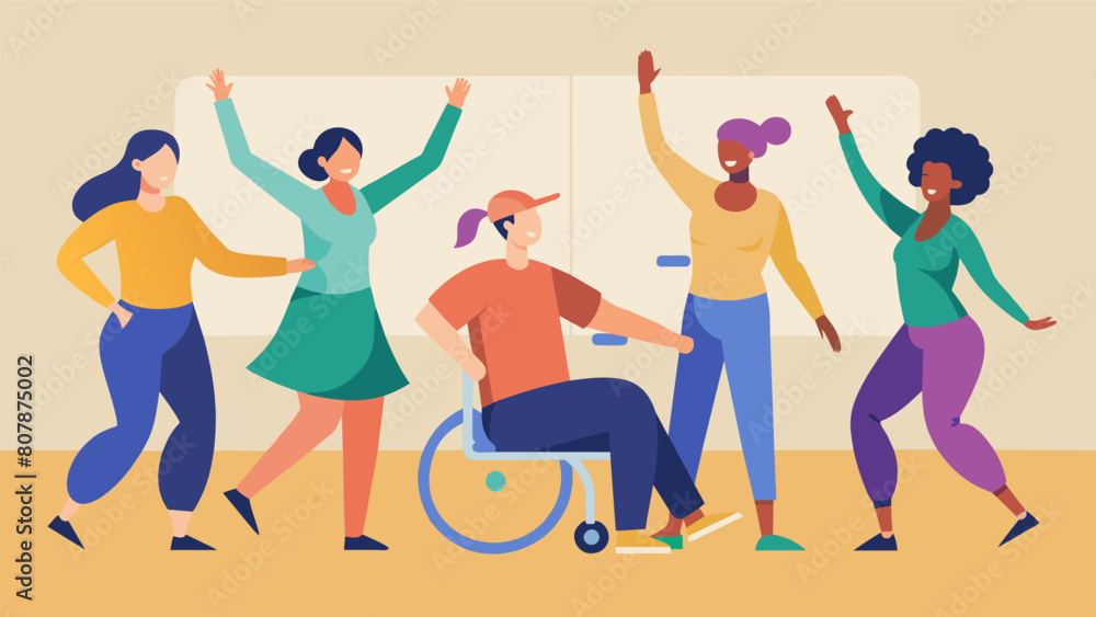 A dance class for individuals with physical disabilities using assistive devices and creative adaptations to make sure everyone can fully engage in. Vector illustration A dance class for individuals with physical disabilities using assistive devices and creative adaptations to make sure everyone can fully engage in. Vector illustration