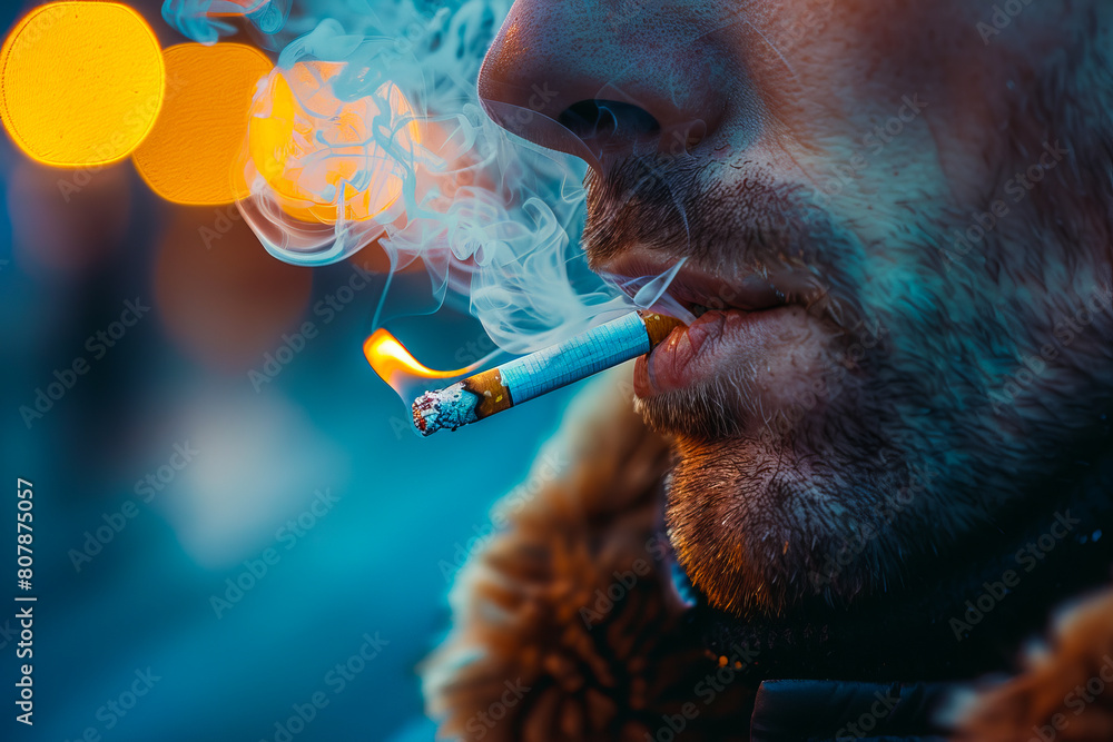 Fototapeta premium A man smoking a cigarette in the city.