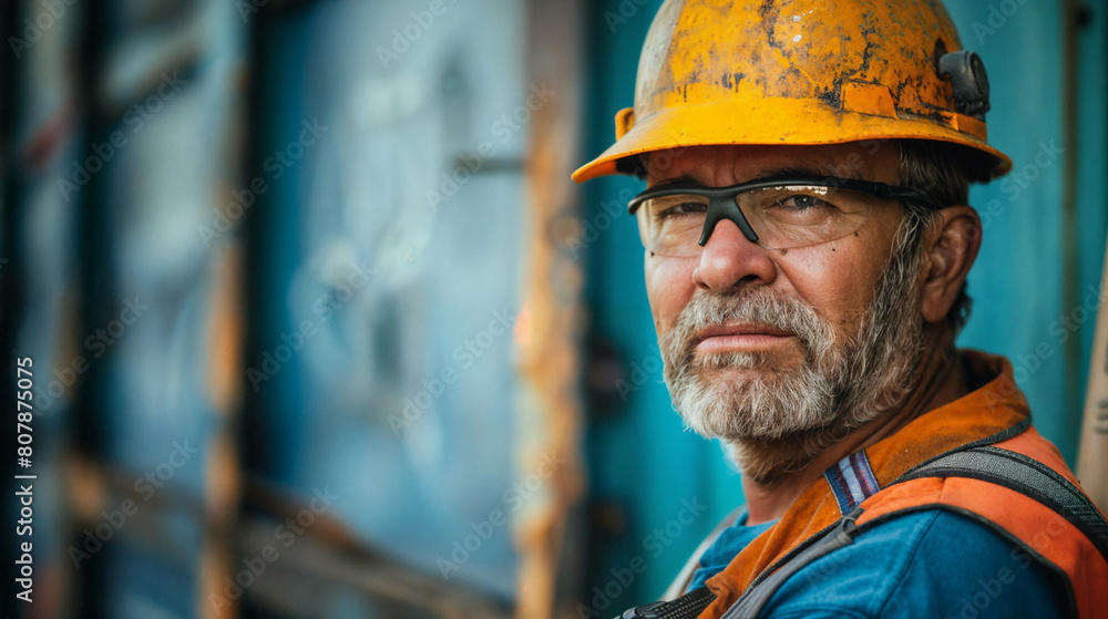 Close-up portrait of a male worker with helmet. A man with brutal, expressive facial features. Hard work in a factory Close-up portrait of a male worker with helmet. A man with brutal, expressive facial features. Hard work in a factory
