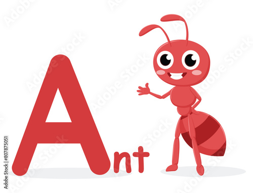 Cute font alphabet A for ant cartoon characters
