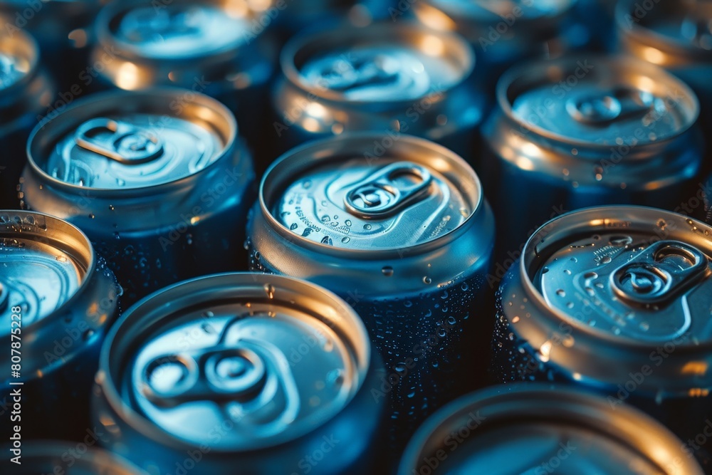 A close view of multiple soda cans arranged in a row, showcasing various brands and flavors A close view of multiple soda cans arranged in a row, showcasing various brands and flavors