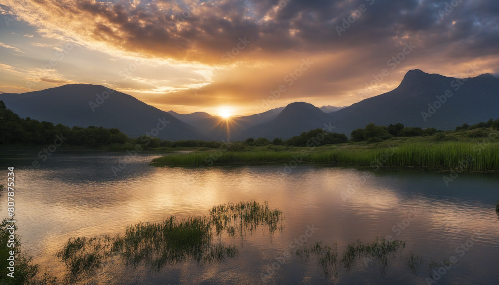 incredibly beautiful nature landscape with lake and magical sky with sun incredibly beautiful nature landscape with lake and magical sky with sun