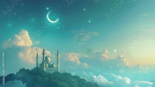 Crescent moon and star at a top of Mosque over the clouds on blue sky and gree forest tree background photo