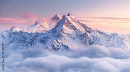 The image shows a beautiful mountain landscape with snow-capped peaks and a sea of clouds below