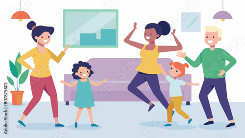 Kids and adults alike show off their best dance moves in the living room as they follow the Zumba instructors lead.. Vector illustration