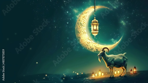 Eid Mubarak creative new poster design crescent moon shape an goat with traditional lantern lamp