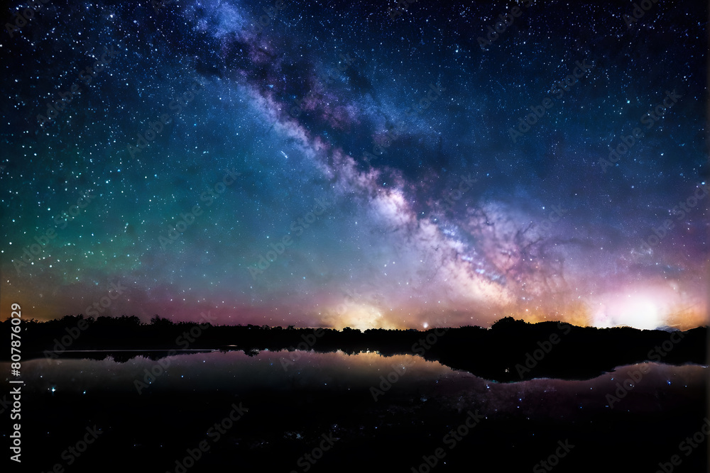 Vibrant Milky Way panorama above peaceful lake, great for design inspiration and space exploration content