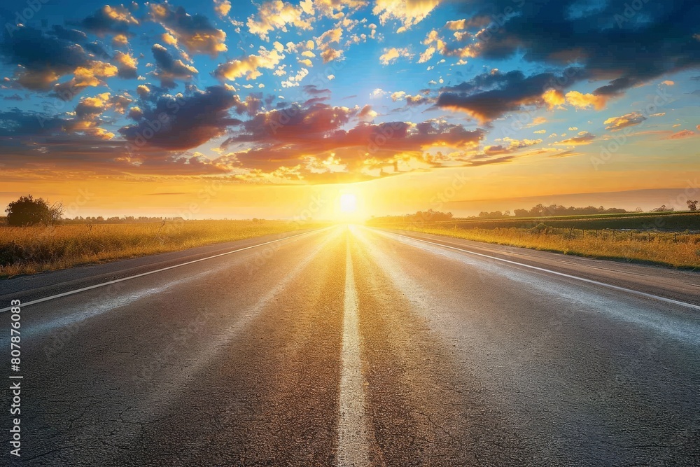 Naklejka premium Scenic highway leads to a sunset-lit mountain range on an open road journey. Beautiful simple AI generated image in 4K, unique.