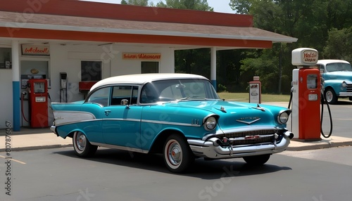 A 1957 chevy bel air parked in front of a retro ga upscaled 4 photo