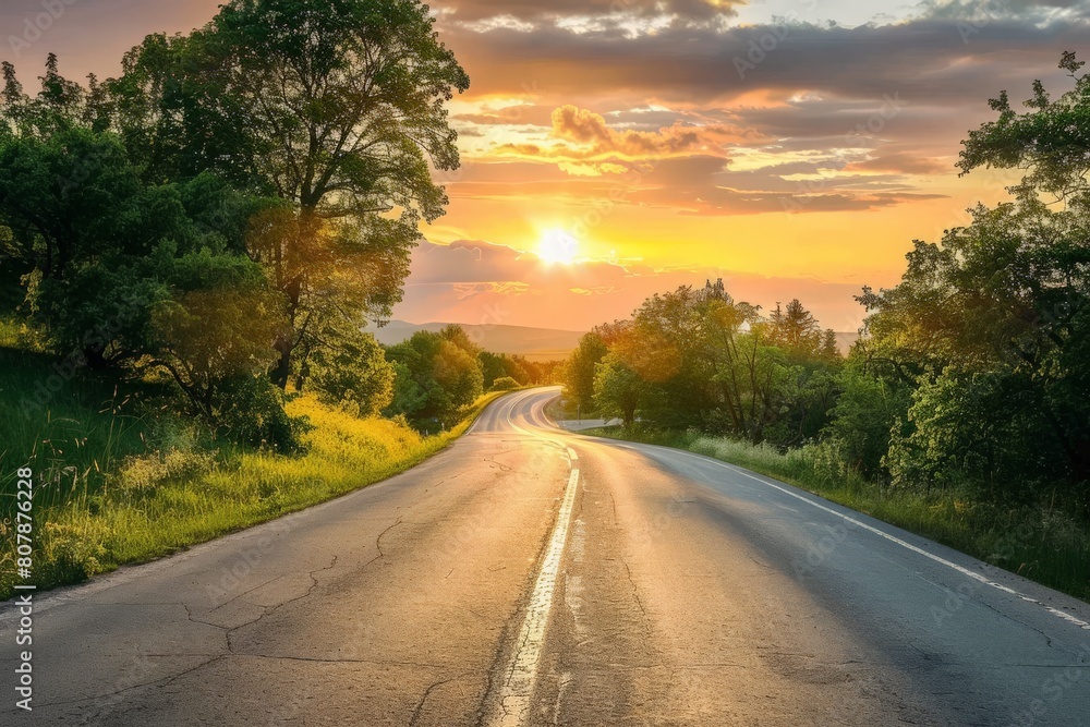 Fototapeta premium Captivating shot of an empty weathered road stretching towards a dramatic sunset horizon under a cloud-filled sky. Beautiful simple AI generated image in 4K, unique.