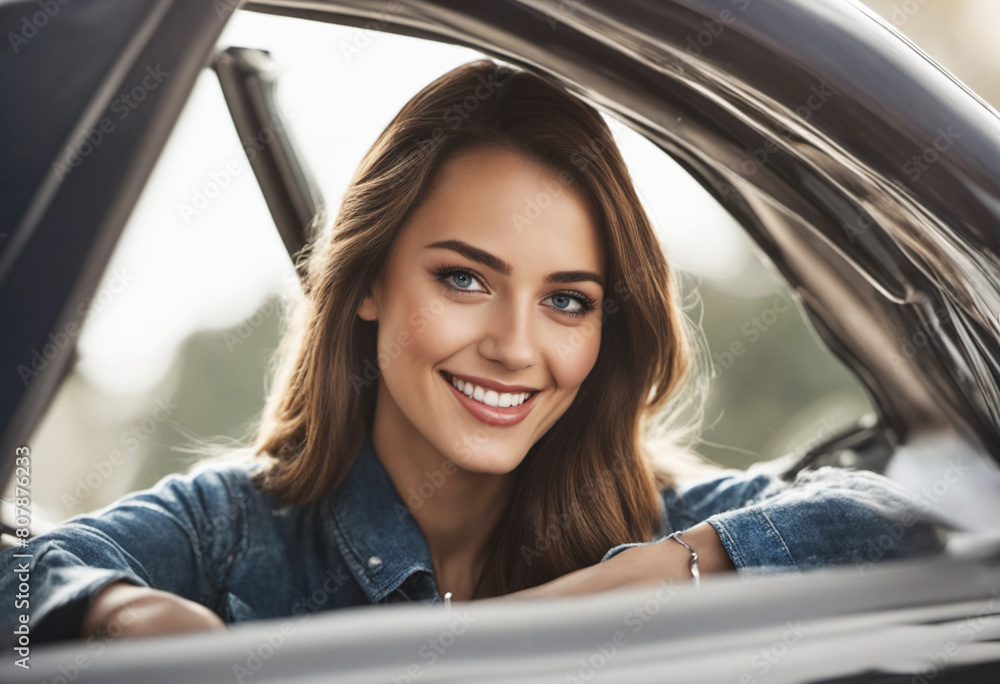 woman sitting in a car and smiling