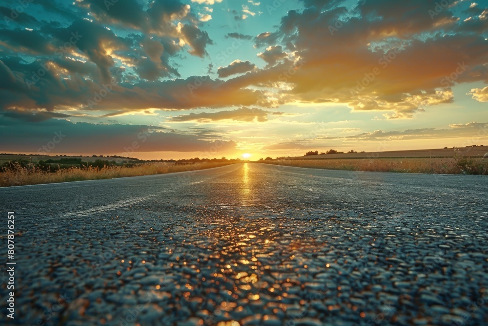 Captivating shot of an empty weathered road stretching towards a dramatic sunset horizon under a cloud-filled sky. Beautiful simple AI generated image in 4K, unique. Captivating shot of an empty weathered road stretching towards a dramatic sunset horizon under a cloud-filled sky. Beautiful simple AI generated image in 4K, unique.