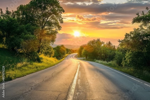 Captivating shot of an empty weathered road stretching towards a dramatic sunset horizon under a cloud-filled sky. Beautiful simple AI generated image in 4K, unique.