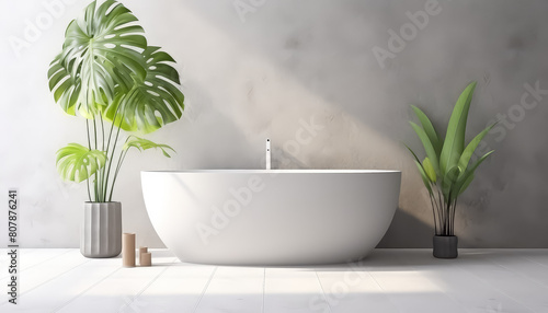 A white bathtub is surrounded by potted plants and a vase