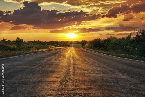 Captivating shot of an empty weathered road stretching towards a dramatic sunset horizon under a cloud-filled sky. Beautiful simple AI generated image in 4K  unique.