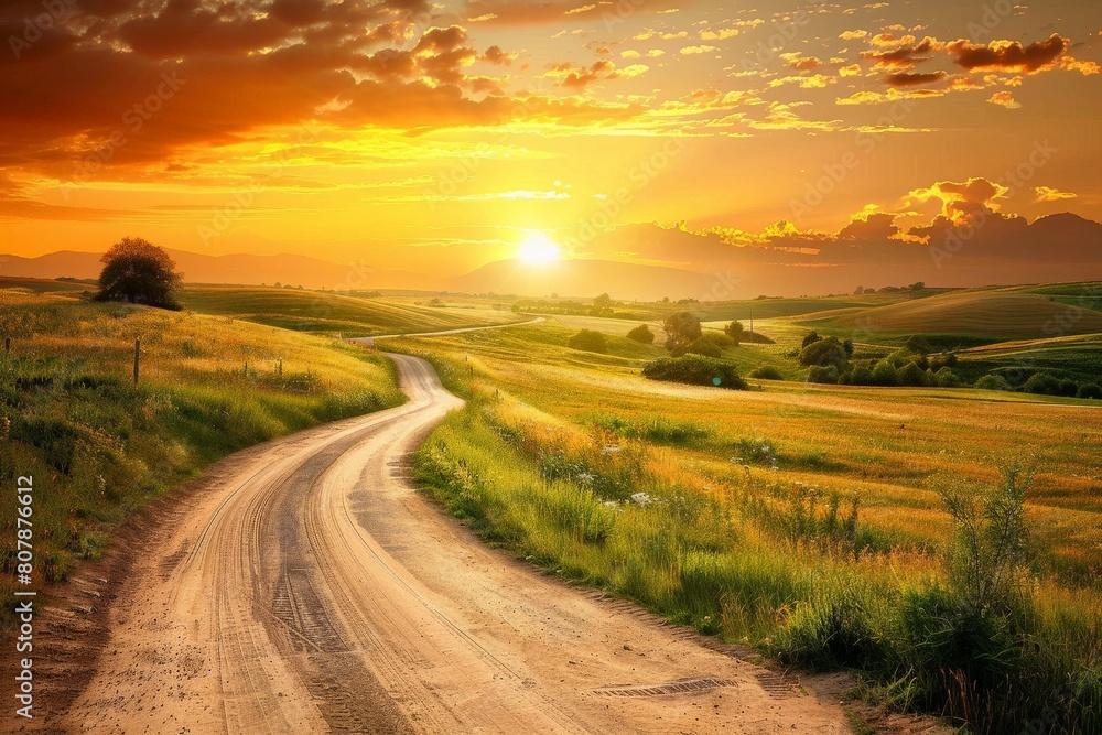 Fototapeta premium Scenic highway leads to a sunset-lit mountain range on an open road journey. Beautiful simple AI generated image in 4K, unique.