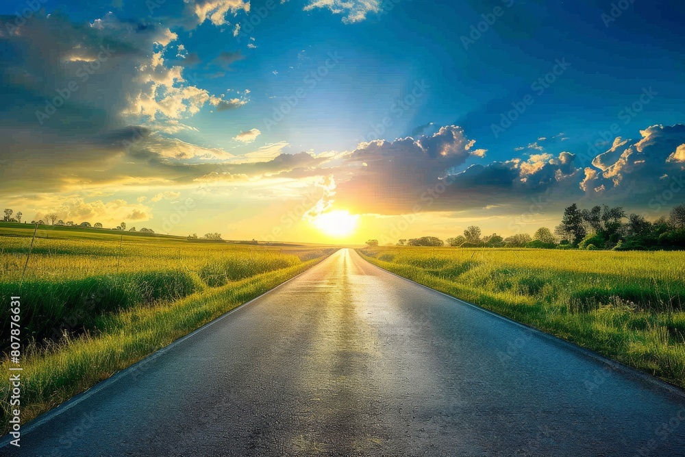 Captivating shot of an empty weathered road stretching towards a dramatic sunset horizon under a cloud-filled sky. Beautiful simple AI generated image in 4K, unique. Captivating shot of an empty weathered road stretching towards a dramatic sunset horizon under a cloud-filled sky. Beautiful simple AI generated image in 4K, unique.