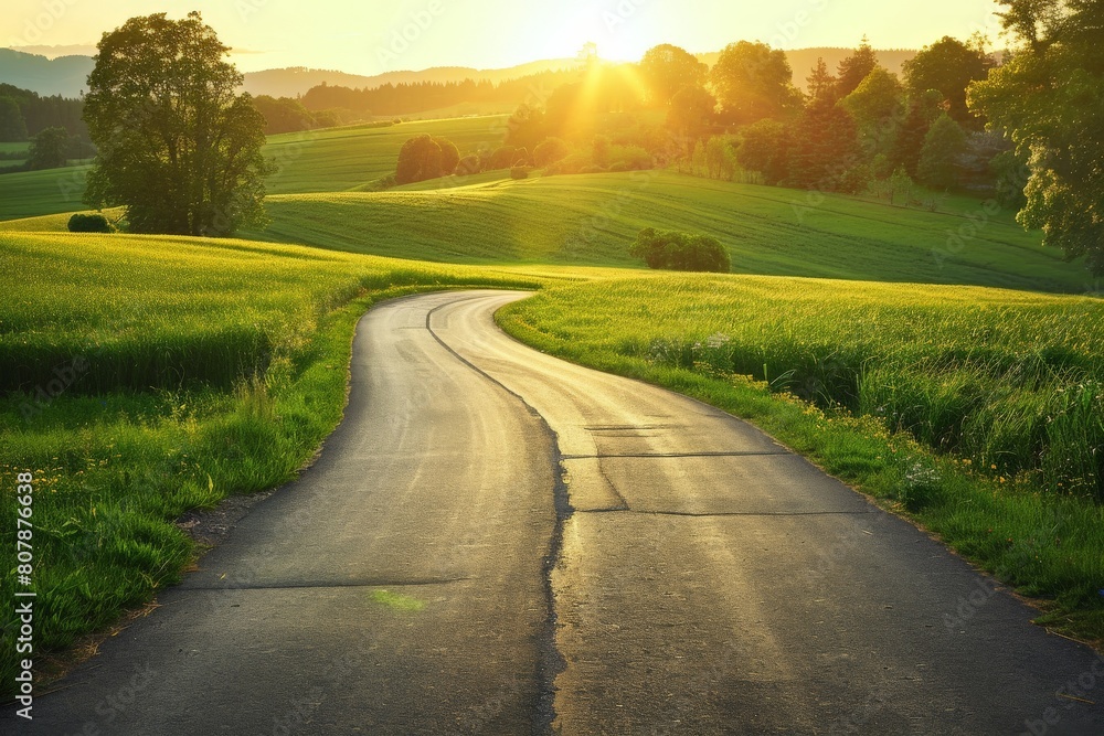 Naklejka premium Captivating shot of an empty weathered road stretching towards a dramatic sunset horizon under a cloud-filled sky. Beautiful simple AI generated image in 4K, unique.