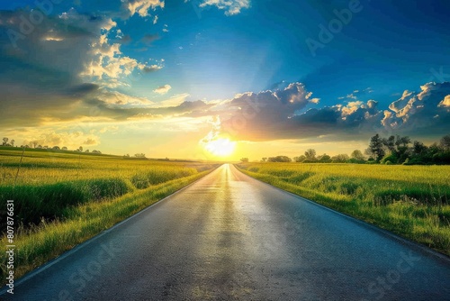 Captivating shot of an empty weathered road stretching towards a dramatic sunset horizon under a cloud-filled sky. Beautiful simple AI generated image in 4K, unique.