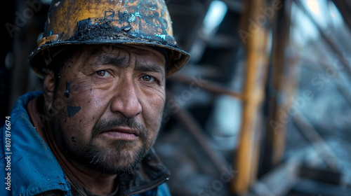 Close-up portrait of a male worker with helmet. A man with brutal, expressive facial features. Hard work in a factory