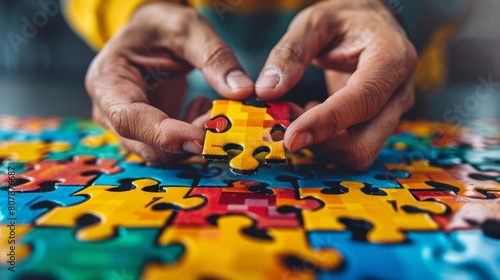 A person holding a piece of jigsaw puzzle on top of colorful table  AI