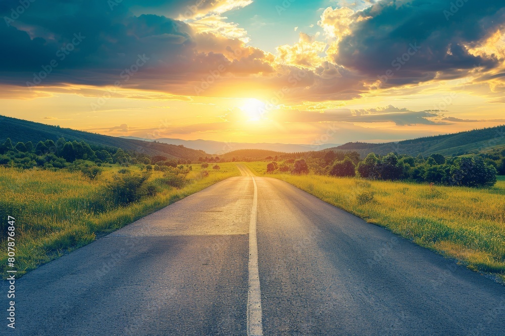 Captivating shot of an empty weathered road stretching towards a dramatic sunset horizon under a cloud-filled sky. Beautiful simple AI generated image in 4K, unique.