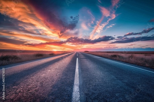 Captivating shot of an empty weathered road stretching towards a dramatic sunset horizon under a cloud-filled sky. Beautiful simple AI generated image in 4K  unique.