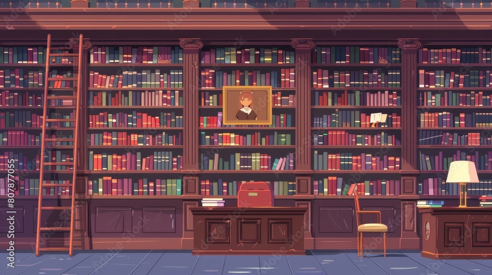 Library interior with wooden shelves, ladders, desks with lamps and pictures of girls on the wall. Cozy space for literature collection cartoon modern athenaeum. Library interior with wooden shelves, ladders, desks with lamps and pictures of girls on the wall. Cozy space for literature collection cartoon modern athenaeum.