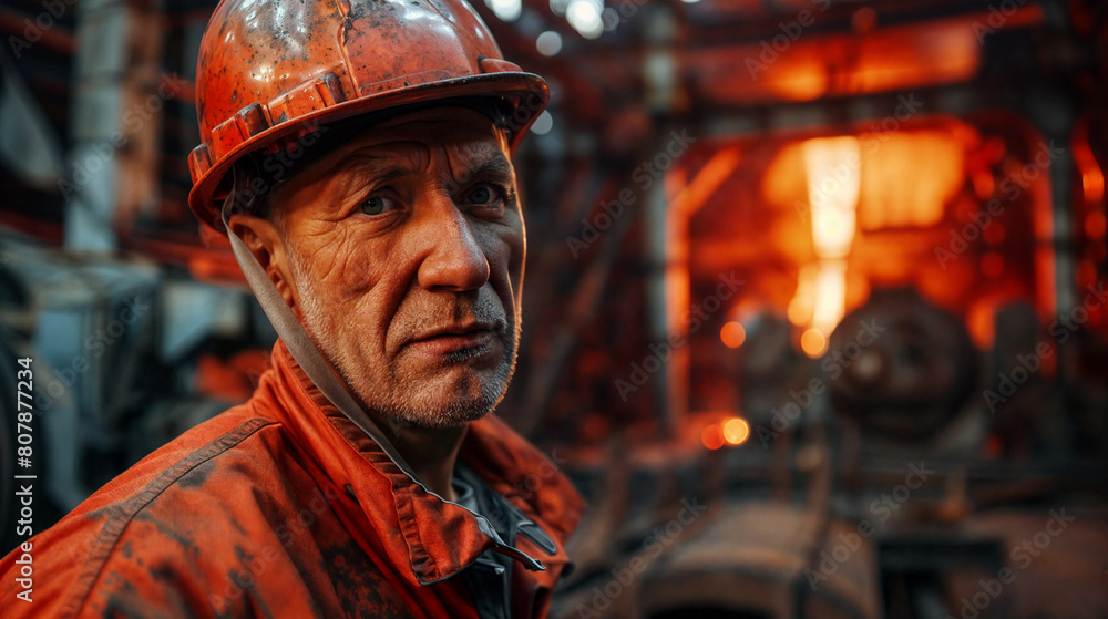 Close-up portrait of a male worker with helmet. A man with brutal, expressive facial features. Hard work in a metallurgical plant