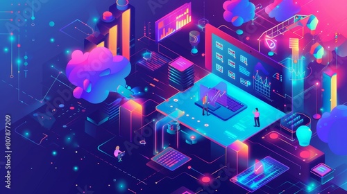 Banner for DevOps. Understanding of development operations with isometric people, a calendar and a chart. Modern landing page for project integration with isometric people working together. photo