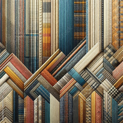 The image displays a patterned fabric with a series of vertical stripes. The stripes are composed of a variety of colors and patterns, including solid colors, geometric.
