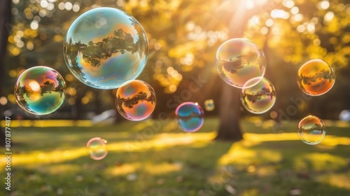 Colorful soap bubbles gracefully float in the air amidst greenery in a park setting