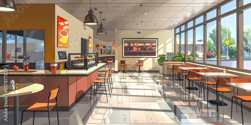 Dining Area Floor: Displaying dining tables, chairs, condiment stations, trash bins, and customers dining in or carrying out orders photo