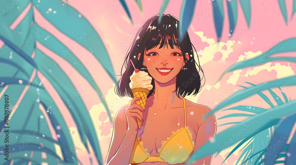 summer scene unfolds as a Japanese woman showcases her elegance in a yellow bikini against a pastel backdrop, her radiant smile reflecting pure joy. With an ice cream cone in hand.