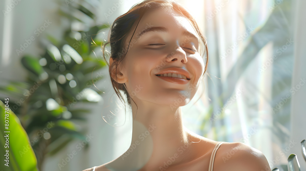 A happy brunette smiles in a summer park, her hair flowing in the sunshine A happy brunette smiles in a summer park, her hair flowing in the sunshine