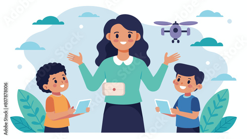 A young girl confidently explaining to her classmates how she programmed her drone to land and take off on its own.. Vector illustration