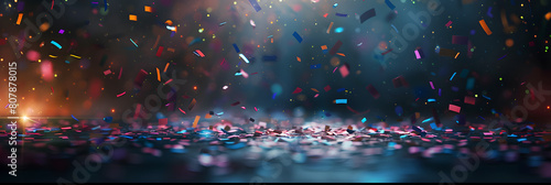 a dark limbo background with a few colorful confetti falling from above, on the left of the image theres a light from a reddish spotlight hitting the floor