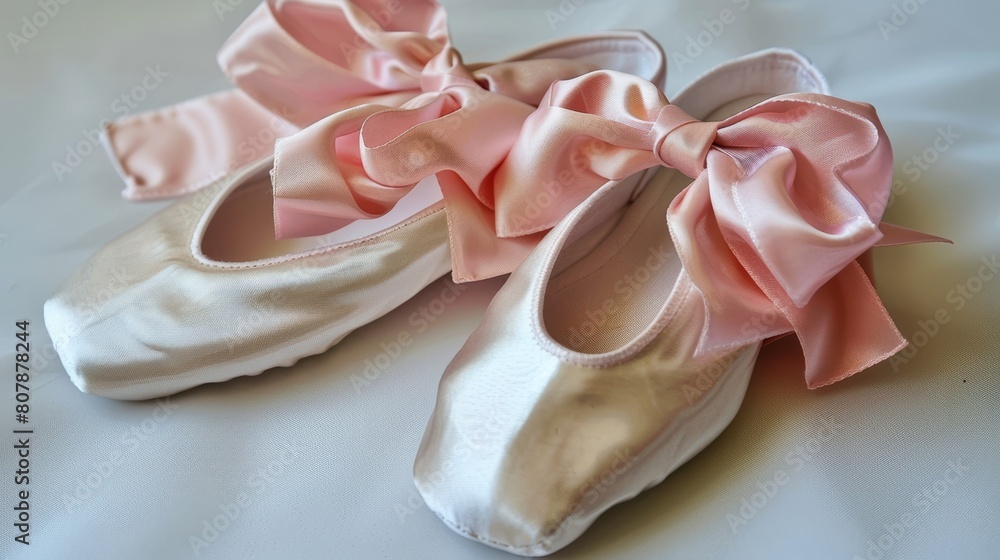 A pair of ballet slippers with a pink satin bow, ready for a young dancer. A pair of ballet slippers with a pink satin bow, ready for a young dancer.