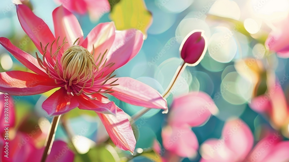 Pink clematis flowers in focus with a blurred bokeh background Pink clematis flowers in focus with a blurred bokeh background
