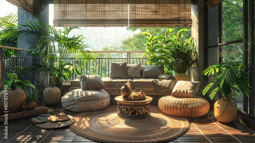 Artistic balcony space with cozy seating, a blend of rustic and modern elements, and thriving plant life photo