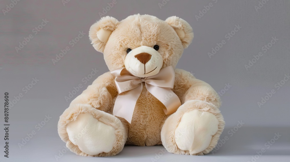 Obraz premium A plush teddy bear with a big, fluffy bow around its neck, a classic gift for a child. 