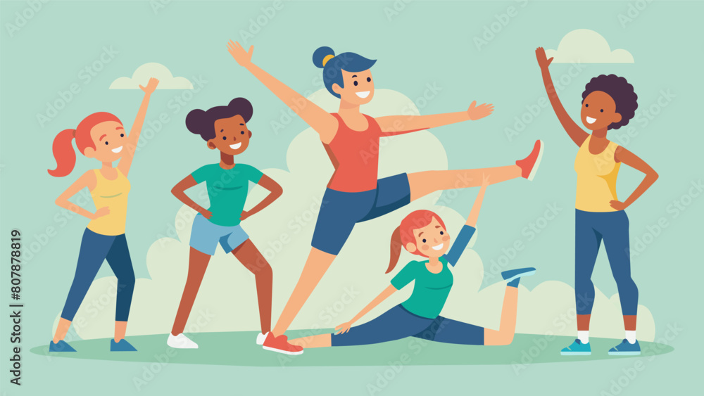 A group of young athletes performs synchronized stretches and warmup exercises under the guidance of their enthusiastic coach.. Vector illustration