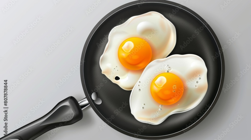 Isolated on white background, fried eggs on frying pan. Delicious omelette healthy easy breakfast, fresh homemade meal. Traditional breakfast, international cuisine food. Realistic 3D modern Isolated on white background, fried eggs on frying pan. Delicious omelette healthy easy breakfast, fresh homemade meal. Traditional breakfast, international cuisine food. Realistic 3D modern