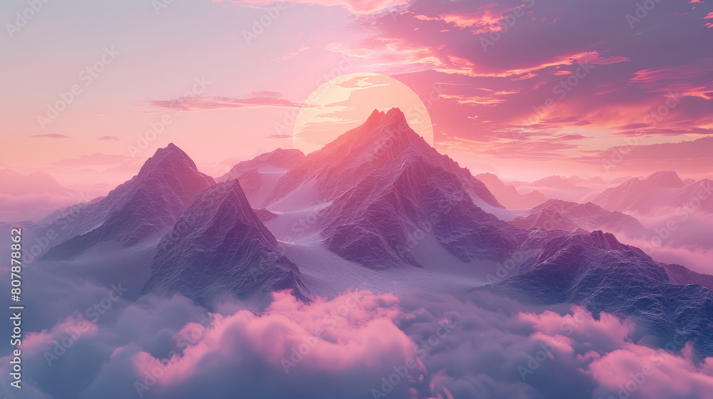Fototapeta premium Stunning pink mountains and clouds at sunset in a serene landscape